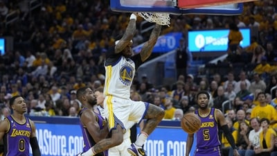 Golden State Warriors guard Gary Payton II (8) dunks during the second half of Game 2 of an NBA basketball Western Conference semifinal game against the Los Angeles Lakers, (AP) Golden State Warriors guard Gary Payton II (8) dunks during the second half of Game 2 of an NBA basketball Western Conference semifinal game against the Los Angeles Lakers, (AP)