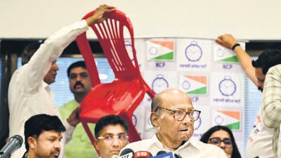 Mumbai, India - May 05, 2023: NCP Chief Sharad Pawar addresses the media during a press conference after withdrawing his resignation and announcing that he will continue as the president of the party, at Y.B. Chavan Centre, Nariman Point, in Mumbai, India, on Friday, May 05, 2023. (Photo by Anshuman Poyrekar/ Hindustan Times) (Anshuman Poyrekar/HT PHOTO) Mumbai, India - May 05, 2023: NCP Chief Sharad Pawar addresses the media during a press conference after withdrawing his resignation and announcing that he will continue as the president of the party, at Y.B. Chavan Centre, Nariman Point, in Mumbai, India, on Friday, May 05, 2023. (Photo by Anshuman Poyrekar/ Hindustan Times) (Anshuman Poyrekar/HT PHOTO)