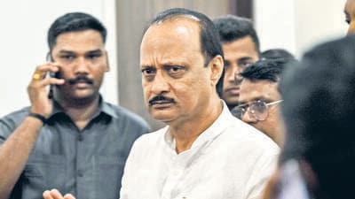 Mumbai, India - May 05, 2023: NCP leader Ajit Pawar interacts with party workers at NCP Party Office, Ballard Estate, in Mumbai, India, on Friday, May 05, 2023. (Photo by Anshuman Poyrekar/ Hindustan Times) (Anshuman Poyrekar/HT PHOTO)