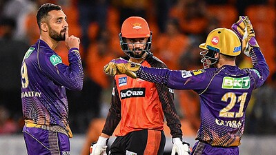 Kolkata Knight Riders players Varun Chakravarthy and Rahmanullah Gurbaz celebrate their victory over Sunrisers Hyderabad (PTI) Kolkata Knight Riders players Varun Chakravarthy and Rahmanullah Gurbaz celebrate their victory over Sunrisers Hyderabad (PTI)