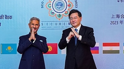 External Affairs Minister S. Jaishankar and Foreign Minister of China Qin Gang at the Shanghai Cooperation Organisation (SCO) Council of Foreign Ministers meeting in Goa (PTI)