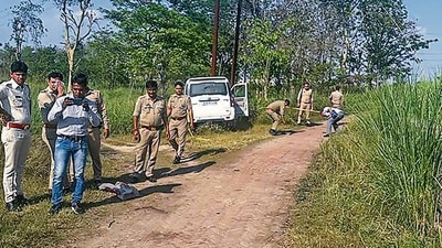 Police near the encounter site where Anil Dujana was shot dead in Meerut district on May 4. (PTI) Police near the encounter site where Anil Dujana was shot dead in Meerut district on May 4. (PTI)