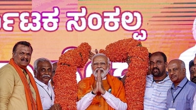 Prime Minister Narendra Modi during an election campaign rally, in Tumakuru. (PTI)