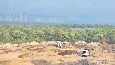 Thane, India - April 26, 2023: Construction debris dumped on forest land has destroyed more than 500 mangrove trees, at Kasheli, near Dutt Mandir, Bhiwandi, in Thane, India, on Wednesday, April 26, 2023. (Praful Gangurde/HT Photo) (HT PHOTO)