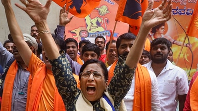 Bengaluru: Bajrang Dal workers protest against Congress' manifesto for Karnataka elections, in Bengaluru, Wednesday, May 3, 2023. (PTI) Bengaluru: Bajrang Dal workers protest against Congress' manifesto for Karnataka elections, in Bengaluru, Wednesday, May 3, 2023. (PTI)