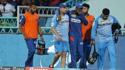 An injured KL Rahul walks off. (IPL:) An injured KL Rahul walks off. (IPL:)