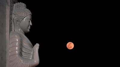 Full moon caught in the background of Gautam Buddha's statue in Lucknow's Gomti Nagar area on Buddha Purnima Day. (HT Photo) Full moon caught in the background of Gautam Buddha's statue in Lucknow's Gomti Nagar area on Buddha Purnima Day. (HT Photo)