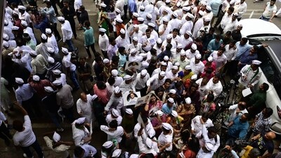 Crowd of NCP workers outside party office as the meeting was underway in Mumbai. (Anshuman Poyrekar/ Hindustan Times) Crowd of NCP workers outside party office as the meeting was underway in Mumbai. (Anshuman Poyrekar/ Hindustan Times)