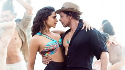 Deepika Padukone and Shah Rukh Khan in a still from Pathaan. Deepika Padukone and Shah Rukh Khan in a still from Pathaan.