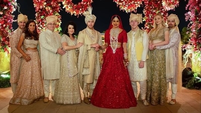 Priyanka Chopra with her in-laws at her and Nick Jonas' wedding in 2018. Priyanka Chopra with her in-laws at her and Nick Jonas' wedding in 2018.