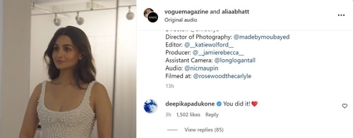 Deepika Padukone reacts to Alia Bhatt's Met Gala post. Deepika Padukone reacts to Alia Bhatt's Met Gala post.
