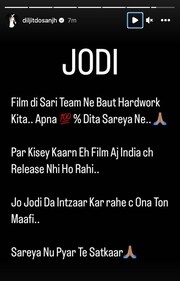 Diljit Dosanjh penned a note on his Instagram Stories. Diljit Dosanjh penned a note on his Instagram Stories.