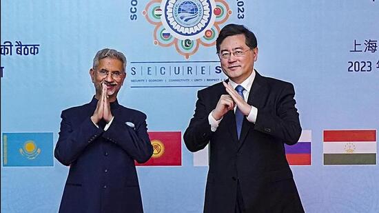 External affairs minister S Jaishankar with Chinese foreign minister Qin Gang during the SCO Council of Foreign Ministers’ meeting in Goa on Friday. (PTI)