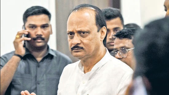 Mumbai, India - May 05, 2023: NCP leader Ajit Pawar interacts with party workers at NCP Party Office, Ballard Estate, in Mumbai, India, on Friday, May 05, 2023. (Photo by Anshuman Poyrekar/ Hindustan Times) (Anshuman Poyrekar/HT PHOTO)