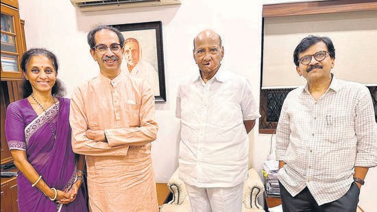 Mumbai: Shiv Sena (Uddhav Balasaheb Thackeray) leaders Uddhav Thackeray and Sanjay Raut meet Nationalist Congress Party (NCP) Chief Sharad Pawar at the latter's residence, in Mumbai, Tuesday, April 11, 2023. NCP MP Supriya Sule is also seen. (PTI Photo)(PTI04_11_2023_000321B) (PTI)