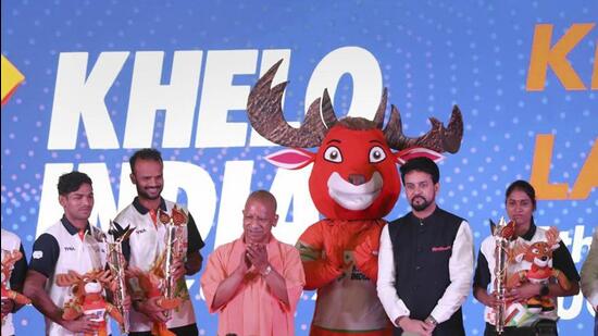 Uttar Pradesh chief minister Yogi Adityanadh and Union sports minister Anurag Thakur at an event ahead of the Khelo India University Games, in Lucknow on Friday. (PTI PHOTO)