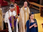 Lord President of the Council, Penny Mordaunt, holding the Sword of State walking ahead of King Charles III during his coronation ceremony in Westminster Abbey, London. Picture date: Saturday May 6, 2023.   