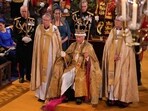 Britain's King Charles III with the St Edward's Crown on his head.