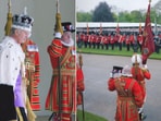The image shows King Charles receiving thunderous three cheers at Buckingham Palace. The image shows King Charles receiving thunderous three cheers at Buckingham Palace.