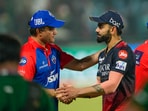 Virat Kohli with Sourav Ganguly after the IPL 2023 match between Delhi Capitals and Royal Challengers Bangalore