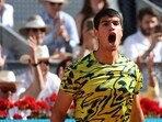 Spain's Carlos Alcaraz celebrates beating Croatia's Borna Coric after their 2023 ATP Tour Madrid Open tennis tournament singles semi-final match at Caja Magica in Madrid Spain's Carlos Alcaraz celebrates beating Croatia's Borna Coric after their 2023 ATP Tour Madrid Open tennis tournament singles semi-final match at Caja Magica in Madrid