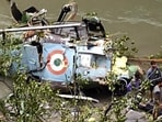 Wreckage of an Indian Army helicopter after it crashed in Jammu and Kashmir's Kishtwar district on Thursday. (PTI)
