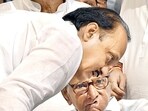 NCP Party President Sharad Pawar in a discussion with party leader Ajit Pawar after announcing being resigned from the party post at YB Chawan Auditorium in Mumbai on Tuesday. NCP Party President Sharad Pawar in a discussion with party leader Ajit Pawar after announcing being resigned from the party post at YB Chawan Auditorium in Mumbai on Tuesday.