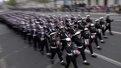 Members of Britain's Armed Forces march along the route of the 'King's Procession', a two kilometres stretch from Buckingham Palace to Westminster Abbey, in central London. (AFP) Members of Britain's Armed Forces march along the route of the 'King's Procession', a two kilometres stretch from Buckingham Palace to Westminster Abbey, in central London. (AFP)