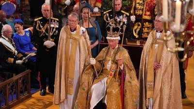 Britain's King Charles III with the St Edward's Crown on his head. (AFP) Britain's King Charles III with the St Edward's Crown on his head. (AFP)
