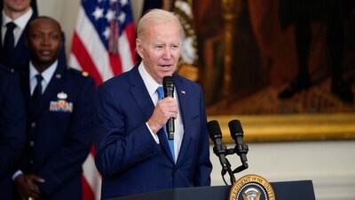 President Joe Biden speaks during an event. (AP)