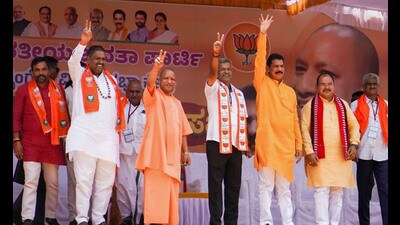 Karnataka: Chief Minister Yogi Adityanath at an election campaign rally in support of BJP candidates ahead of Assembly elections, at Koppa near Chikmagalur on Saturday. (PTI) Karnataka: Chief Minister Yogi Adityanath at an election campaign rally in support of BJP candidates ahead of Assembly elections, at Koppa near Chikmagalur on Saturday. (PTI)