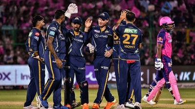 Gujarat Titans players celebrate the wicket of Rajasthan Royals' Sanju Samson. (PTI) Gujarat Titans players celebrate the wicket of Rajasthan Royals' Sanju Samson. (PTI)