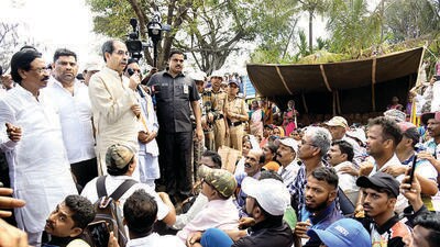 Ratnagiri, India - May 06, 2023: Shiv Sena (UBT) chief Uddhav Thackeray along with party leaders Ambadas Danve, Vinayak Raut, Rajan Salvi, Bhaskar Jadhav, Anil Parab and Milind Narvekar interacts with the villagers of Solgoan opposing the Barsu refinery project, at Solgaon, Girijadevi Kond, in Rajapur Taluka, Ratnagiri, India, on Saturday, May 06, 2023. (Photo by Rajesh Waradkar/HT Photo) (Hindustan Times)