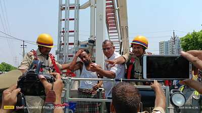 The rescue operation was precarious as the man had climbed on an electric pole of 1,32,000 Volts. (HT Photo)