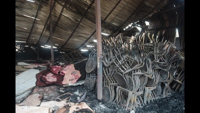 Three workers were killed in a massive fire that broke out at a decoration material godown in the Wagholi area in Pune late Firday night, officials said. (Shankar Narayan/HT PHOTO) Three workers were killed in a massive fire that broke out at a decoration material godown in the Wagholi area in Pune late Firday night, officials said. (Shankar Narayan/HT PHOTO)