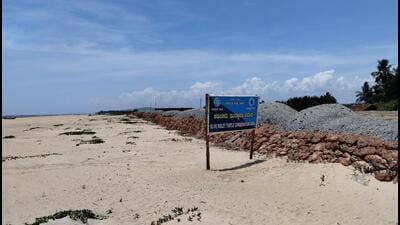 Today, the sandy Kasarkoda beach that is home to eight hamlets of fishers lies buried under boulders, rocks and gravel. (HT photo) Today, the sandy Kasarkoda beach that is home to eight hamlets of fishers lies buried under boulders, rocks and gravel. (HT photo)