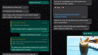 Screenshots of a WhatsApp conversation between a Twitter user and a scammer. (Twitter/@i_Udita) Screenshots of a WhatsApp conversation between a Twitter user and a scammer. (Twitter/@i_Udita)