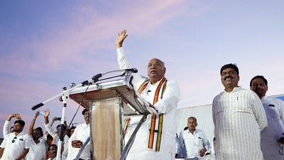 Congress President Mallikarjun Kharge addresses during a public meeting ahead of Karnataka assembly elections Gurumitkal in Yadgir district. (Congress Twitter) Congress President Mallikarjun Kharge addresses during a public meeting ahead of Karnataka assembly elections Gurumitkal in Yadgir district. (Congress Twitter)