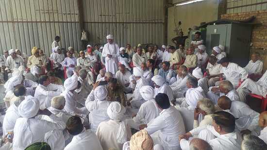 Khap leaders attending a panchayat in Rohtak’s Meham on Saturday. (Manoj Dhaka)