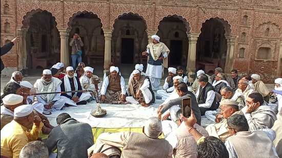 Visibly upset and worried Khap choudharies held an emergency meeting at ‘ Sarv Khap Chaupal’ in Soram village of Muzaffarnagar on Thursday after a clash between protesting wrestlers and police at Jantar Mantar on Wednesday night. (Pic for representation only)