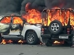 Vehicles set ablaze after a clash broke out during the 'Tribal Solidarity March called by the All Tribal Student Union Manipur (ATSUM) in the Torbung area of Churachandpur to protest the demand of Meiteis, who dominate the Imphal Valley, in Manipur on Thursday. Vehicles set ablaze after a clash broke out during the 'Tribal Solidarity March called by the All Tribal Student Union Manipur (ATSUM) in the Torbung area of Churachandpur to protest the demand of Meiteis, who dominate the Imphal Valley, in Manipur on Thursday.