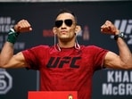 FILE - Tony Ferguson poses during a ceremonial weigh-in for the UFC 229 mixed martial arts fight, Friday, Oct. 5, 2018, in Las Vegas. UFC fighter Ferguson was arrested on a DUI charge in Hollywood early Sunday, May 7, 2023, after his truck slammed into several parked cars. FILE - Tony Ferguson poses during a ceremonial weigh-in for the UFC 229 mixed martial arts fight, Friday, Oct. 5, 2018, in Las Vegas. UFC fighter Ferguson was arrested on a DUI charge in Hollywood early Sunday, May 7, 2023, after his truck slammed into several parked cars.