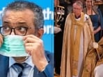 WHO chief Tedros Adhanom Ghebreyesus. (left/AP) Britain's King Charles III with the St Edward's Crown on his head. (right/AFP)