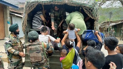 Indian Army with Assam Rifles personnel conduct rescue operation in the violence-affected Manipur, on Sunday. (ANI)