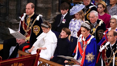 From left, Prince William, Princess Charlotte, Prince Louis, Kate, Princess of Wales and Edward the Duke of Edinburgh at the coronation ceremony of King Charles III and Queen Camilla in Westminster Abbey, London, Saturday May 6, 2023. (Yui Mok, Pool via AP) (AP) From left, Prince William, Princess Charlotte, Prince Louis, Kate, Princess of Wales and Edward the Duke of Edinburgh at the coronation ceremony of King Charles III and Queen Camilla in Westminster Abbey, London, Saturday May 6, 2023. (Yui Mok, Pool via AP) (AP)