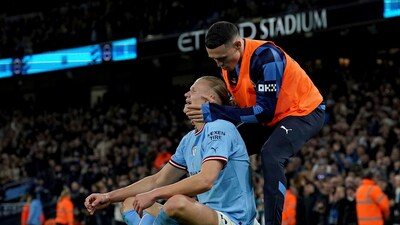 Manchester City's Erling Haaland celebrates with Phil Foden after scoring his side's second goal (AP) Manchester City's Erling Haaland celebrates with Phil Foden after scoring his side's second goal (AP)