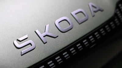 The company's new logo is seen on a Skoda Vision 7S Concept electric car on display during the presentation of the new brand identity of the Czech automobile manufacturer Skoda in Mlada Boleslav, Czech Republic on April 25, 2023. (Photo by Michal Cizek / AFP) (AFP)