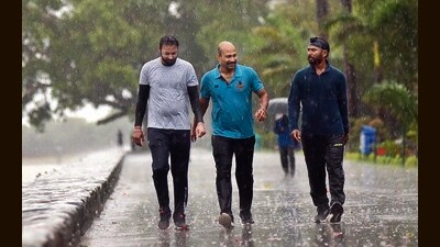 Morning walkers caught in the rain at Sukhna Lake in Chandigarh on Sunday morning. (Keshav Singh/HT) Morning walkers caught in the rain at Sukhna Lake in Chandigarh on Sunday morning. (Keshav Singh/HT)