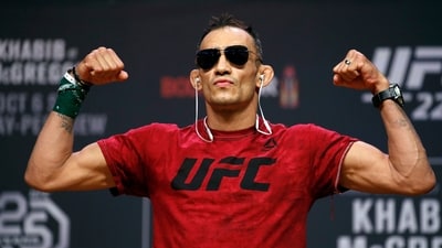 FILE - Tony Ferguson poses during a ceremonial weigh-in for the UFC 229 mixed martial arts fight, Friday, Oct. 5, 2018, in Las Vegas. UFC fighter Ferguson was arrested on a DUI charge in Hollywood early Sunday, May 7, 2023, after his truck slammed into several parked cars. (AP) FILE - Tony Ferguson poses during a ceremonial weigh-in for the UFC 229 mixed martial arts fight, Friday, Oct. 5, 2018, in Las Vegas. UFC fighter Ferguson was arrested on a DUI charge in Hollywood early Sunday, May 7, 2023, after his truck slammed into several parked cars. (AP)