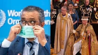 WHO chief Tedros Adhanom Ghebreyesus. (left/AP) Britain's King Charles III with the St Edward's Crown on his head. (right/AFP)